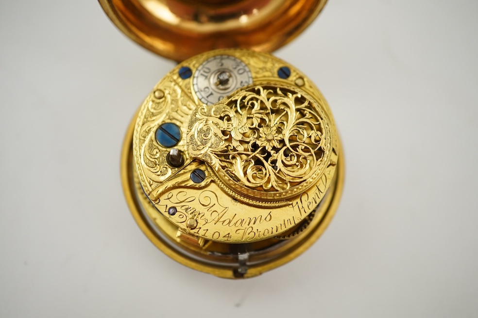 An 18th century gilt metal and leather pair cased key wind verge pocket watch by Samuel Adams, Bromley, Kent, circa 1770